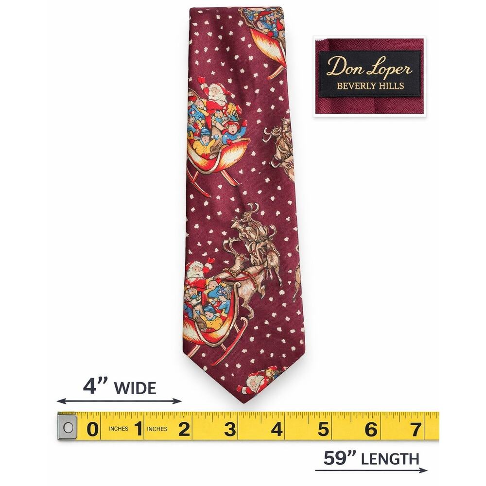 Don Loper Beverly Hills Christmas Tie Santa Sleigh Reindeer Burgundy 59x4